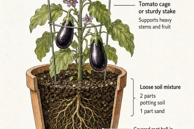 Cross-section of a potted eggplant showing loose soil mixture, drainage holes, and a tomato cage supporting the heavy stems.