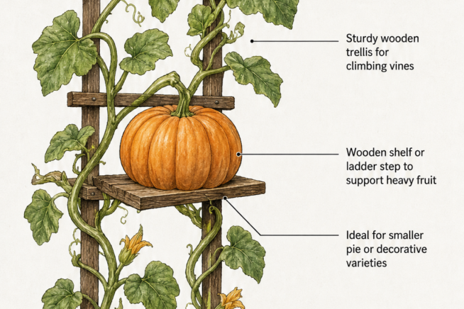 Illustration of a pumpkin vine climbing a wooden trellis with a shelf supporting a heavy pumpkin fruit.