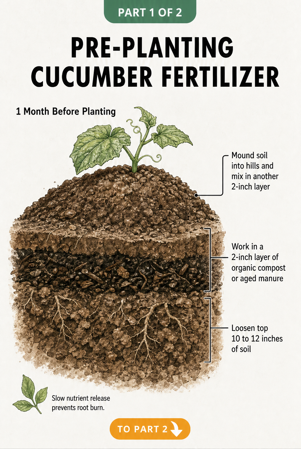 Botanical cross-section illustration showing how to prepare a cucumber planting hill with organic compost one month before planting.