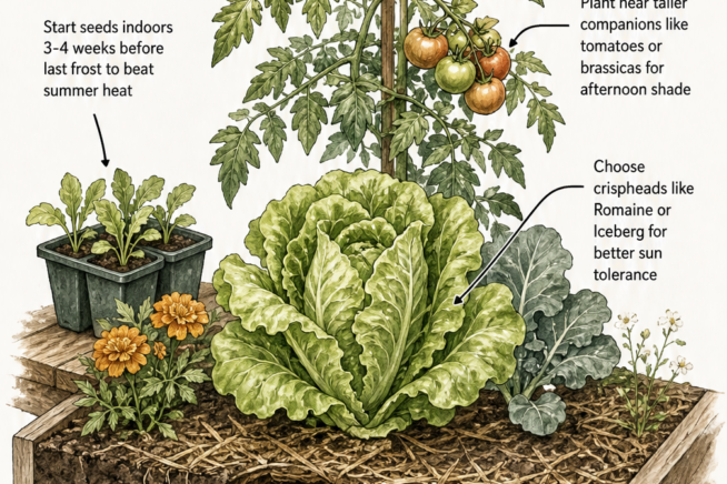 Cross-section illustration of a garden bed showing a lettuce plant growing in the shade of a tomato plant, with a buried container of stale beer to trap slugs...