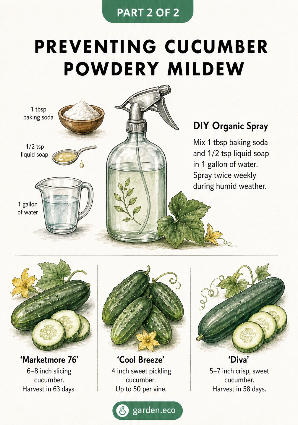 Illustration of a DIY organic baking soda spray recipe and three mildew-resistant cucumber varieties: Marketmore 76, Cool Breeze, and Diva.