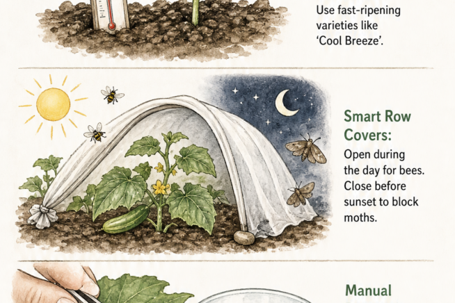Illustration showing preventive measures against cucumber worms: early planting at 65 degrees, using row covers, and manual removal with tweezers.