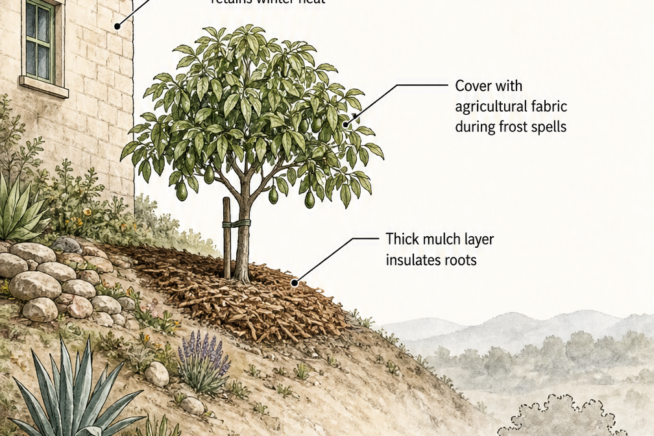 Cross-section illustration of a garden showing how to protect an outdoor avocado tree from frost