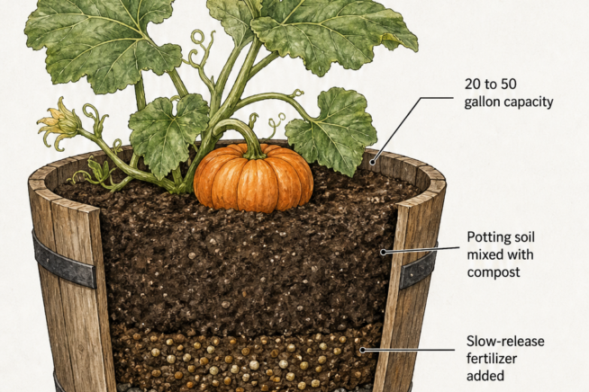 Cross-section illustration of a large pumpkin growing pot showing soil layers, fertilizer, and drainage holes.