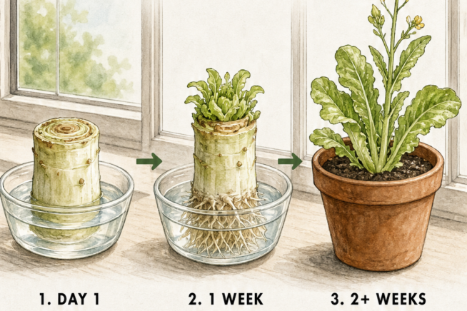 Timeline showing the process of regrowing a lettuce stem in a shallow dish of water on a windowsill over two weeks.