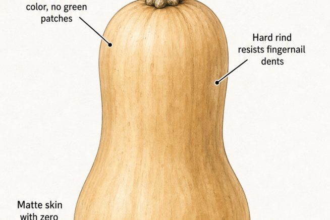 Botanical illustration of a ripe butternut squash showing uniform tan color, matte skin, and hard rind