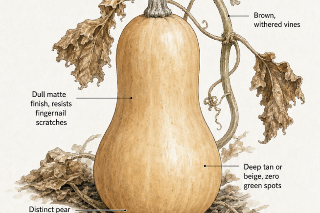 Botanical illustration showing signs of a ripe butternut squash including a dry silvery stem, brown withered vines, and a dull matte beige rind.
