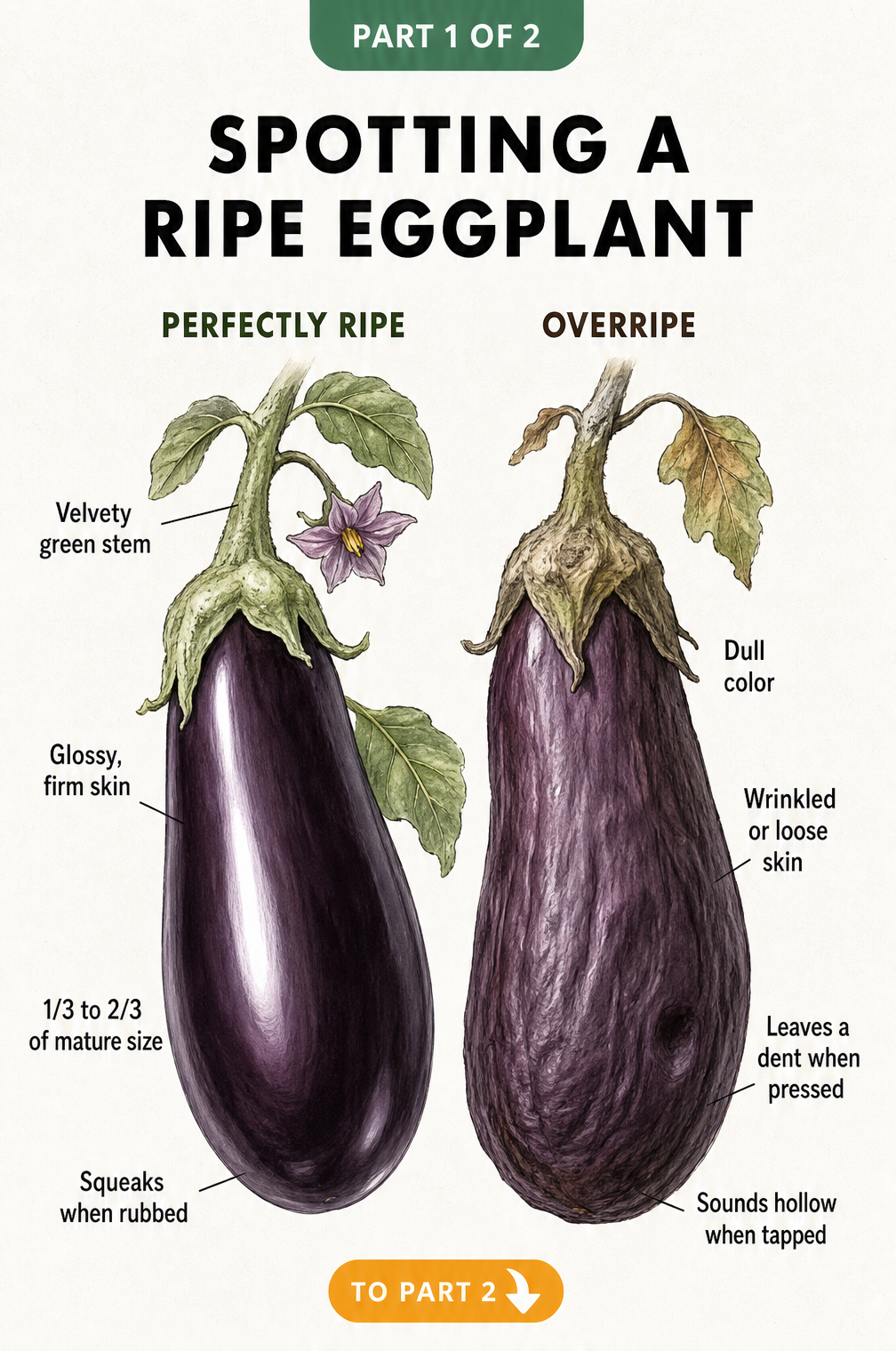 Illustration comparing a perfectly ripe, glossy purple eggplant with an overripe, dull, and wrinkled eggplant.
