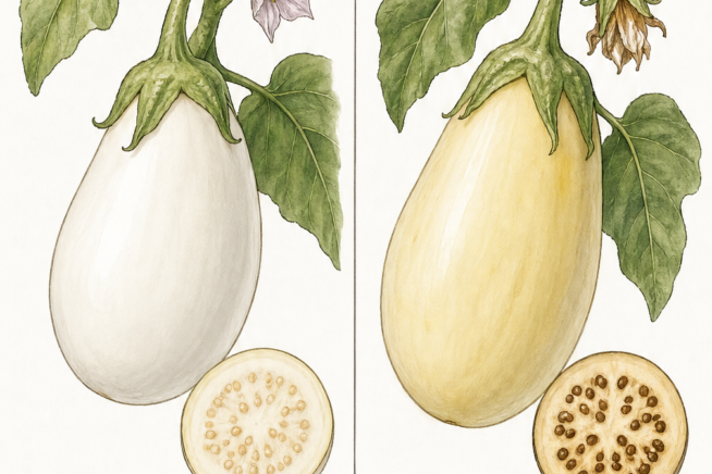 Botanical illustration comparing a ripe white eggplant with glossy skin and white seeds to an overripe one with yellowing skin and dark seeds.