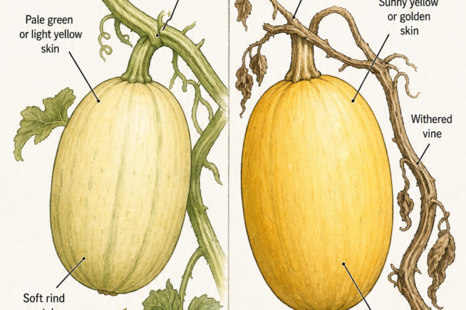 Botanical illustration comparing an unripe pale green spaghetti squash on a fresh vine to a ripe golden yellow squash on a withered vine.