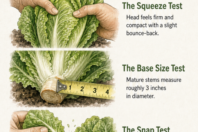 Botanical illustrations demonstrating the squeeze test, base size test, and snap test to check if romaine lettuce is ready to harvest.
