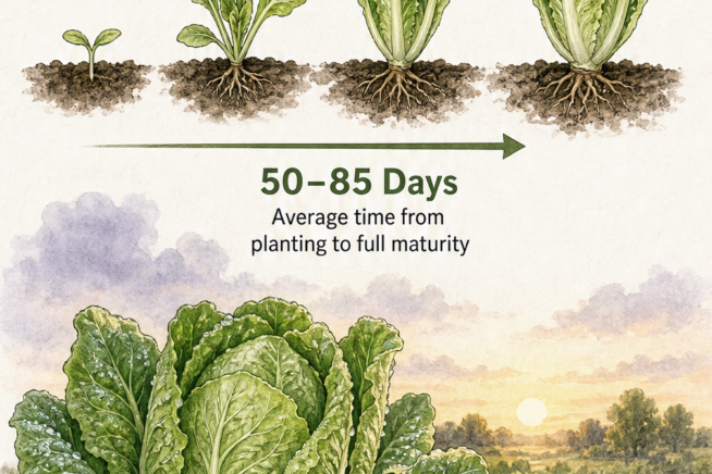 Illustration showing the growth stages of romaine lettuce from seedling to full head, and a mature head ready for a pre-dawn harvest.