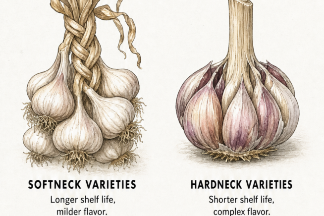 Illustration showing safe garlic preservation methods like freezing, drying, and pickling, while warning against canning due to botulism risk.
