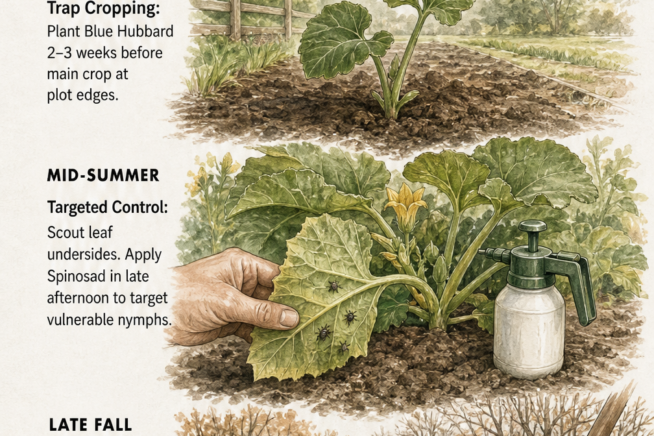 Seasonal garden illustration showing spring trap cropping, summer targeted control, and fall sanitation