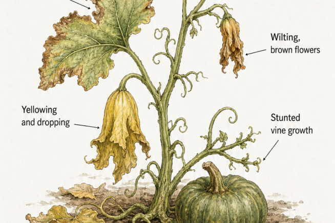 Illustration of a wilting pumpkin vine showing signs of over-fertilization, including brown leaf edges, yellowing leaves, and stunted growth.