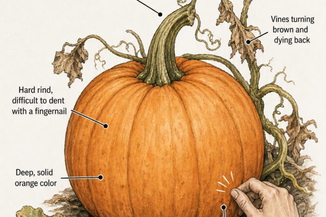 Botanical illustration showing signs of a ripe pumpkin, including a stiff stem, brown vines, hard rind, and deep orange color.