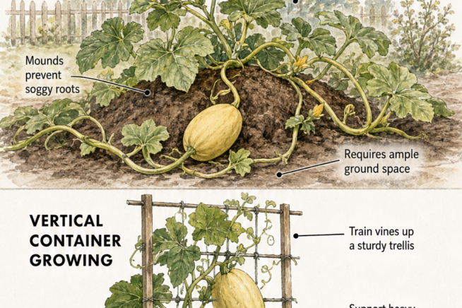 Illustration showing spaghetti squash growing spaces, comparing in-ground sprawling vines with vertical container growing on a trellis.