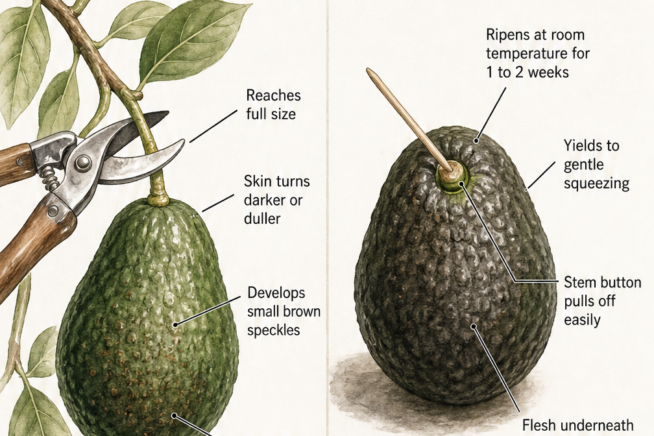 Botanical illustration comparing a mature avocado on the tree with a ripe avocado off the tree.