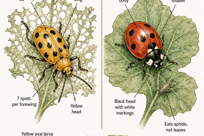 Illustration comparing the yellowish-orange squash beetle pest with the deep red beneficial ladybug, including their larvae and eggs.