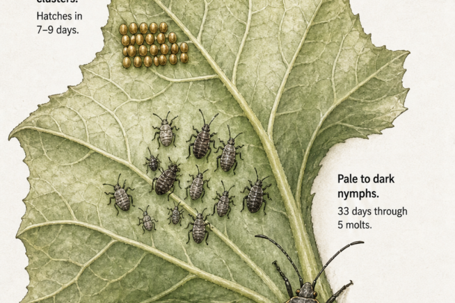Botanical illustration showing squash bug eggs, nymphs, and adults on a squash leaf