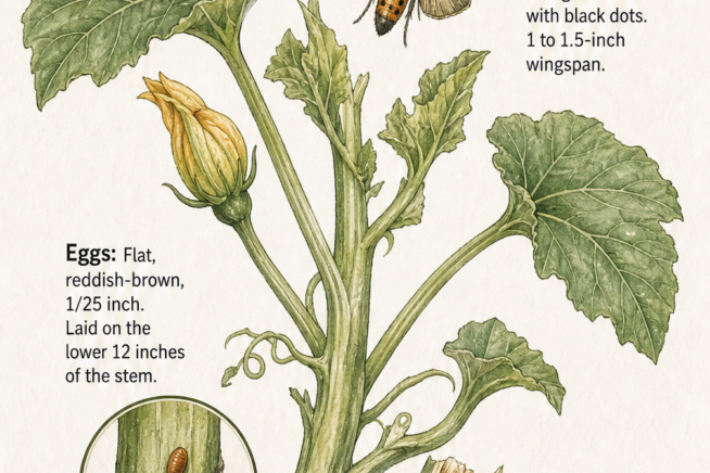 Botanical illustration showing the life stages of the squash vine borer, including the adult moth, eggs on the stem, and larvae inside the stem.