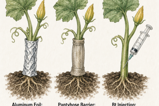 Botanical drawings demonstrating three physical defenses against squash vine borers: aluminum foil wrap, pantyhose barrier, and Bt injection.