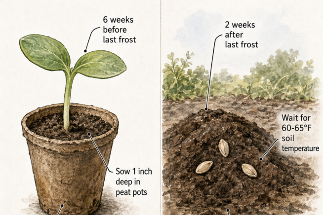 Illustration comparing starting spaghetti squash seeds indoors in peat pots versus direct sowing outdoors in raised hills.
