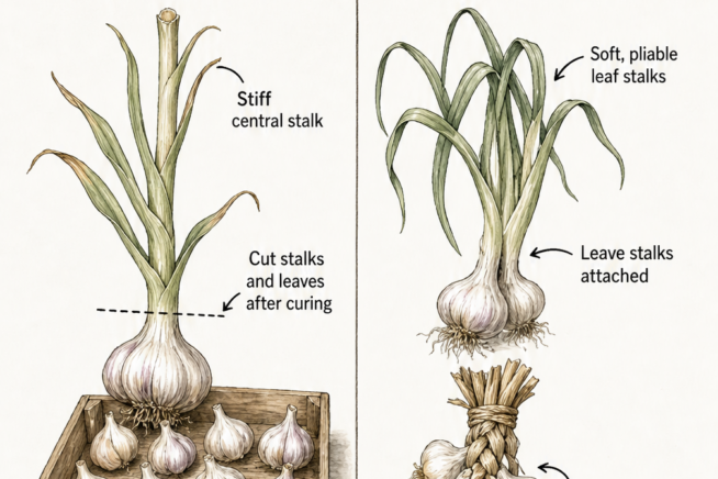 Illustration comparing hardneck and softneck garlic, showing how to trim hardneck stalks and braid softneck leaves for storage.