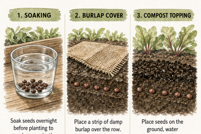 Cross-section illustration of a garden bed showing three techniques to protect beet seeds in summer heat: soaking, burlap cover, and compost topping.