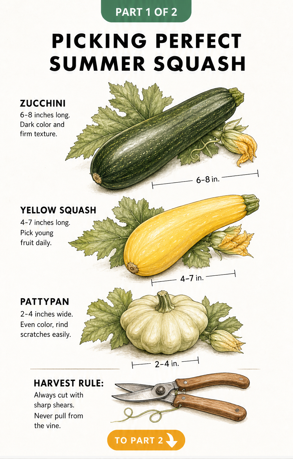 Botanical illustration of zucchini, yellow squash, and pattypan squash showing ideal harvest sizes and a pair of garden shears.