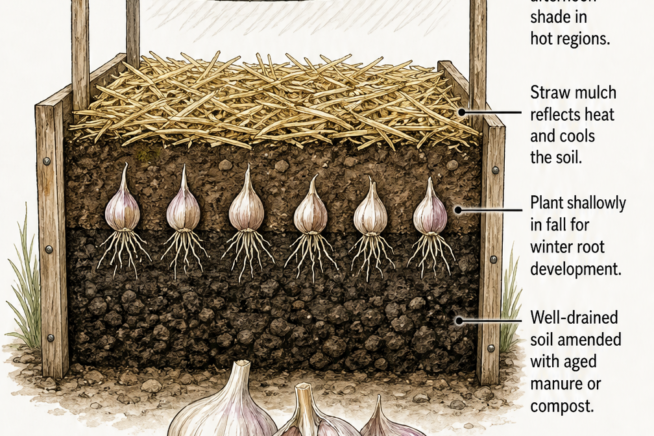 Cross-section drawing of a wooden raised bed showing shallowly planted garlic cloves, straw mulch, and well-drained soil amended with compost.