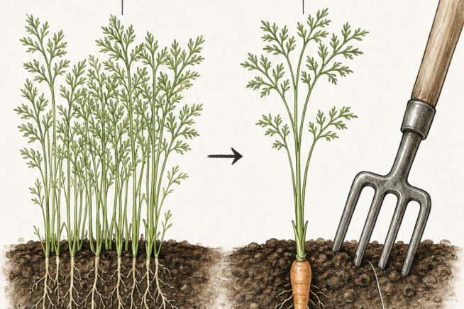 Illustration showing when to thin carrot sprouts at 4 inches tall and how to harvest baby carrots at 2 to 3 months using a garden fork.