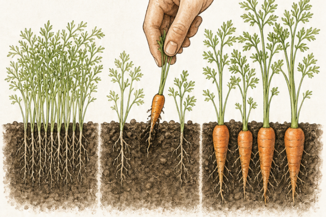 Illustration showing the three stages of thinning baby carrot seedlings from two inches tall to harvest time.