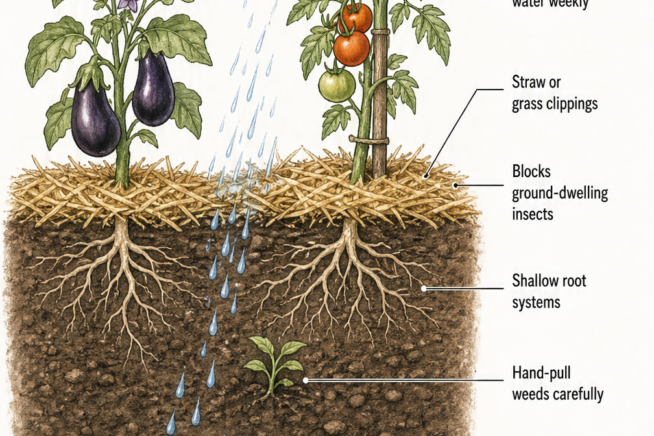 Cross-section illustration of tomato and eggplant roots showing soil pH, mulch layer, and watering needs.