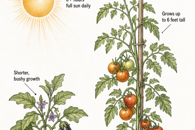 Botanical illustration showing a tall tomato plant and a bushy eggplant with proper spacing and sunlight exposure.