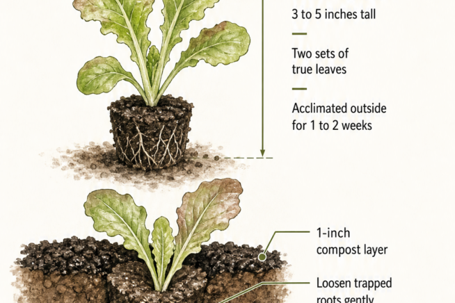 Diagram showing a lettuce seedling ready for transplanting and a cross-section of it being planted in garden soil.