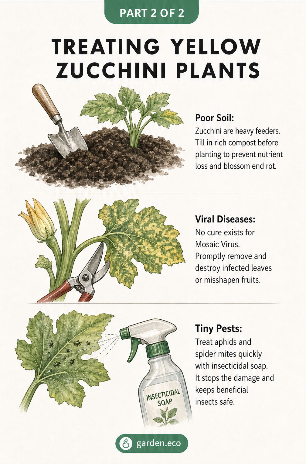 Illustrations showing how to treat yellow zucchini leaves by adding compost for nutrients, pruning diseased leaves, and spraying insecticidal soap for pests.