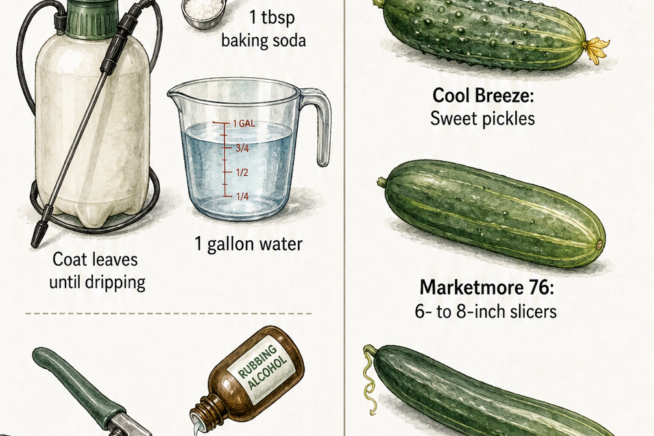 Illustration showing how to treat cucumber powdery mildew with a baking soda spray, sterilize pruners, and choose mildew-resistant varieties.