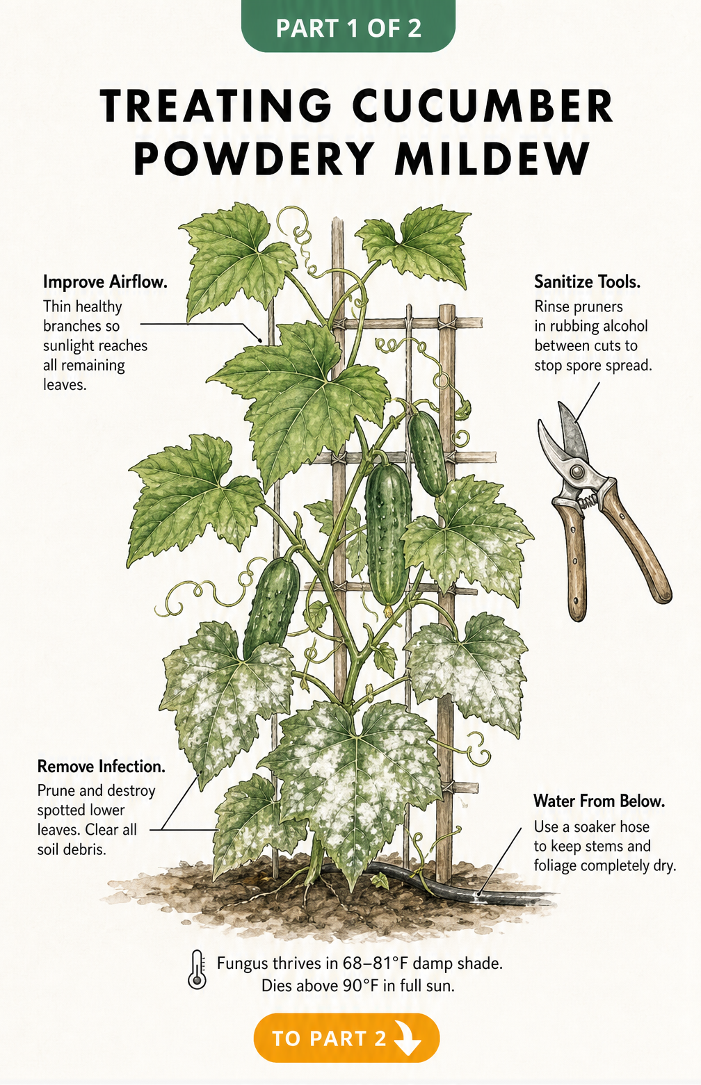 Botanical illustration showing how to treat powdery mildew on cucumbers by improving airflow, sanitizing tools, removing infected leaves, and watering from...