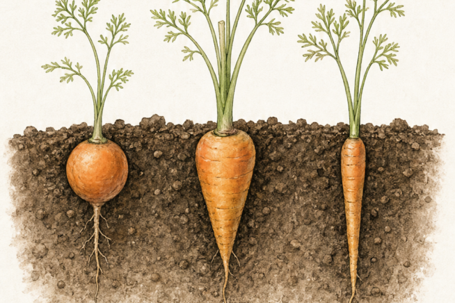 Botanical illustration of true baby carrot varieties including Thumbelina, Chantenay, and Little Finger growing in soil.