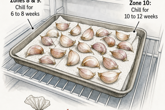 Illustration of unpeeled garlic cloves on a paper towel-lined tray inside a refrigerator, showing vernalization times for Texas growing zones.