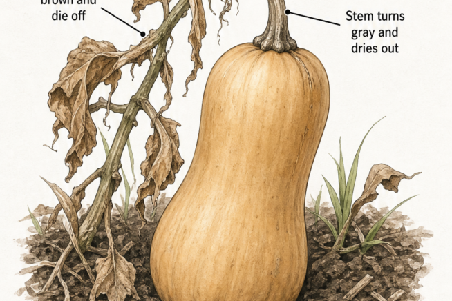 Illustration of a butternut squash on a dying vine with a gray, dry stem