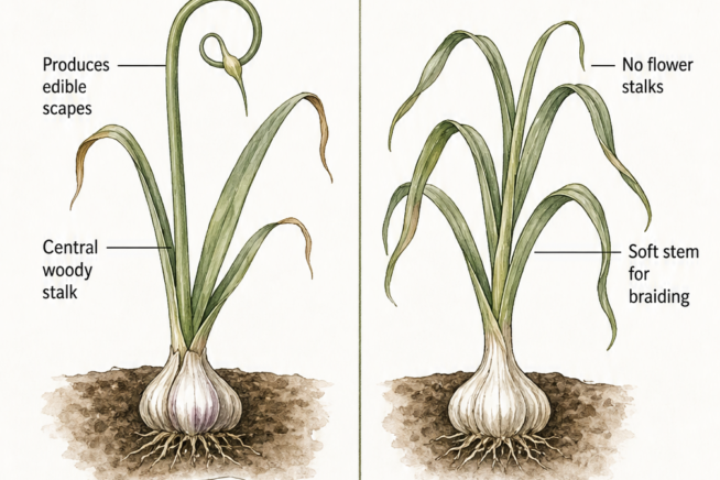 Illustration of a hardneck garlic plant showing the ideal time to harvest the scape when it forms one complete curl.