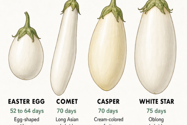 Botanical drawings of four white eggplant varieties: Easter Egg, Comet, Casper, and White Star, showing their shapes and days to maturity.