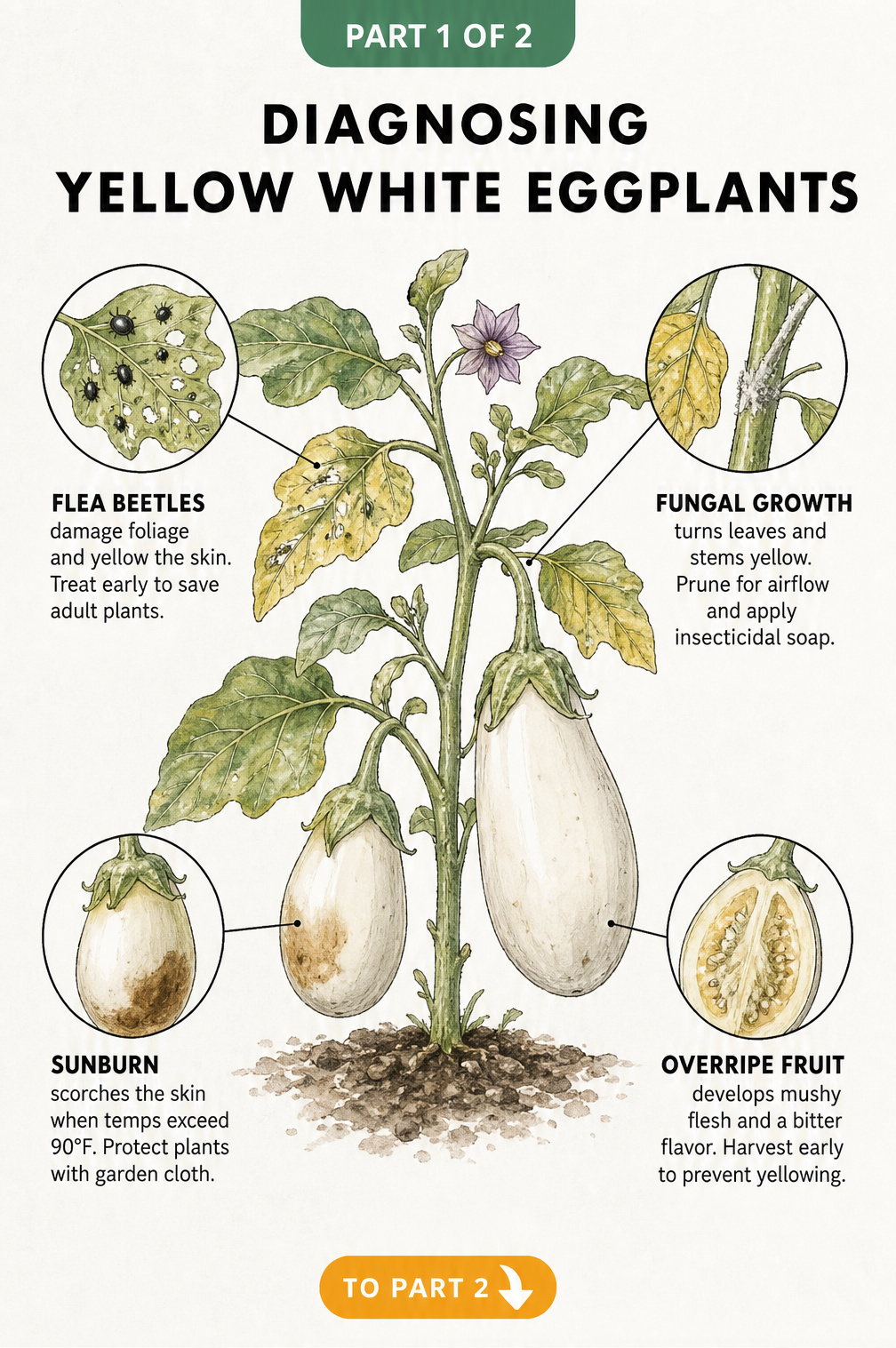 Botanical illustration showing four common causes of white eggplants turning yellow: flea beetles, fungal growth, sunburn, and overripe fruit.
