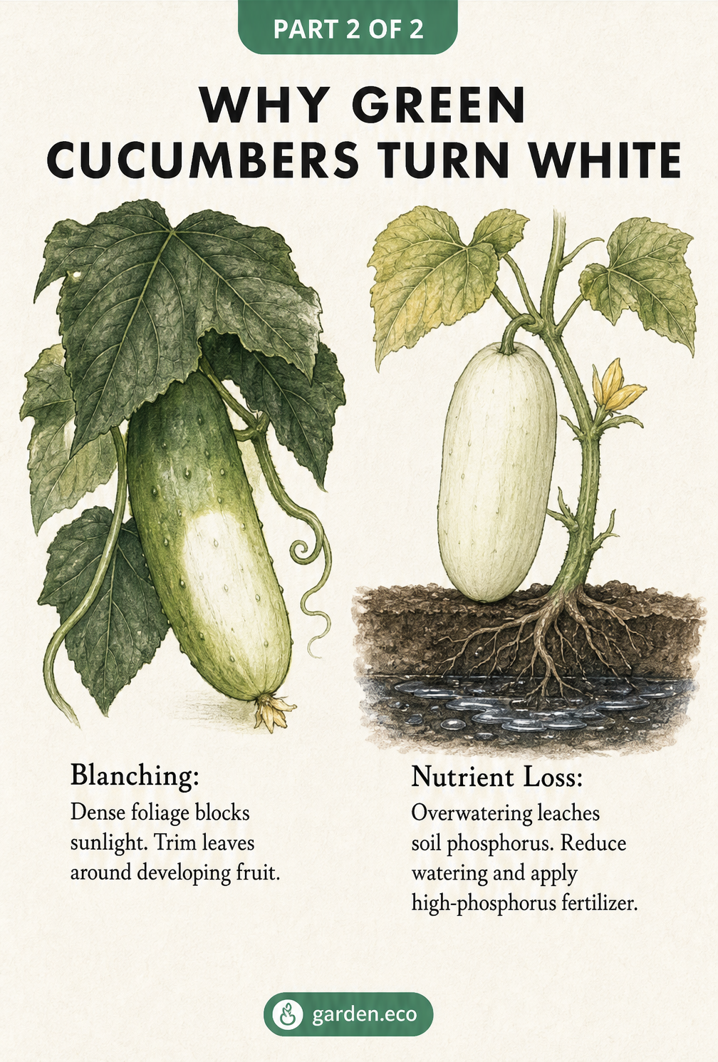 Illustration showing why green cucumbers turn white, highlighting blanching from dense foliage and nutrient loss from overwatering.
