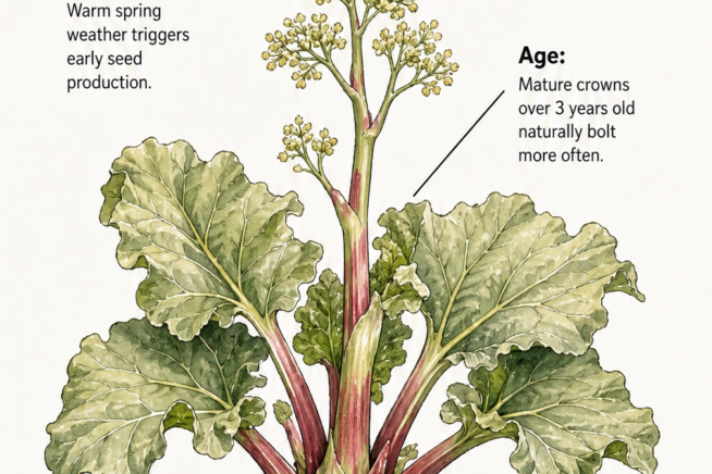 Botanical illustration showing why rhubarb plants flower, including heat, age, nutrition, and variety factors.
