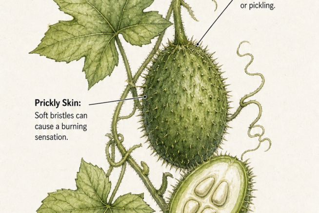 Botanical illustration of wild cucumber fruit showing prickly skin, seed pods, and five-pointed leaves.