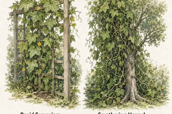 Illustration showing wild cucumber vine covering a wooden arbor and aggressively smothering a small tree.