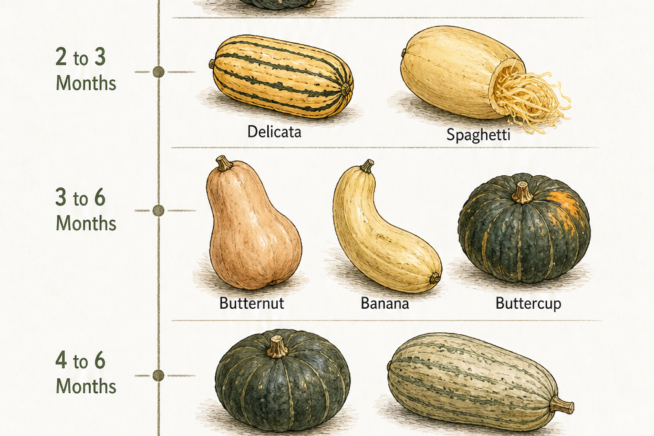 Illustrated timeline showing the shelf life of different winter squash varieties from one to seven months.